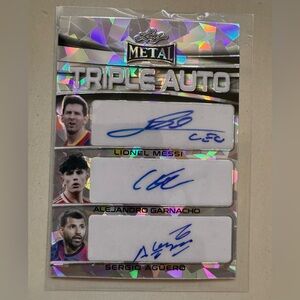 Leaf Metal Triple Auto Messi/Garnacho/Aguero Cracked Ice #TA-05 /6